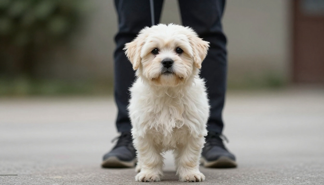 Petit chien blanc face à des jambes humaines, illustration de l'approche prudente face à un chien agressif