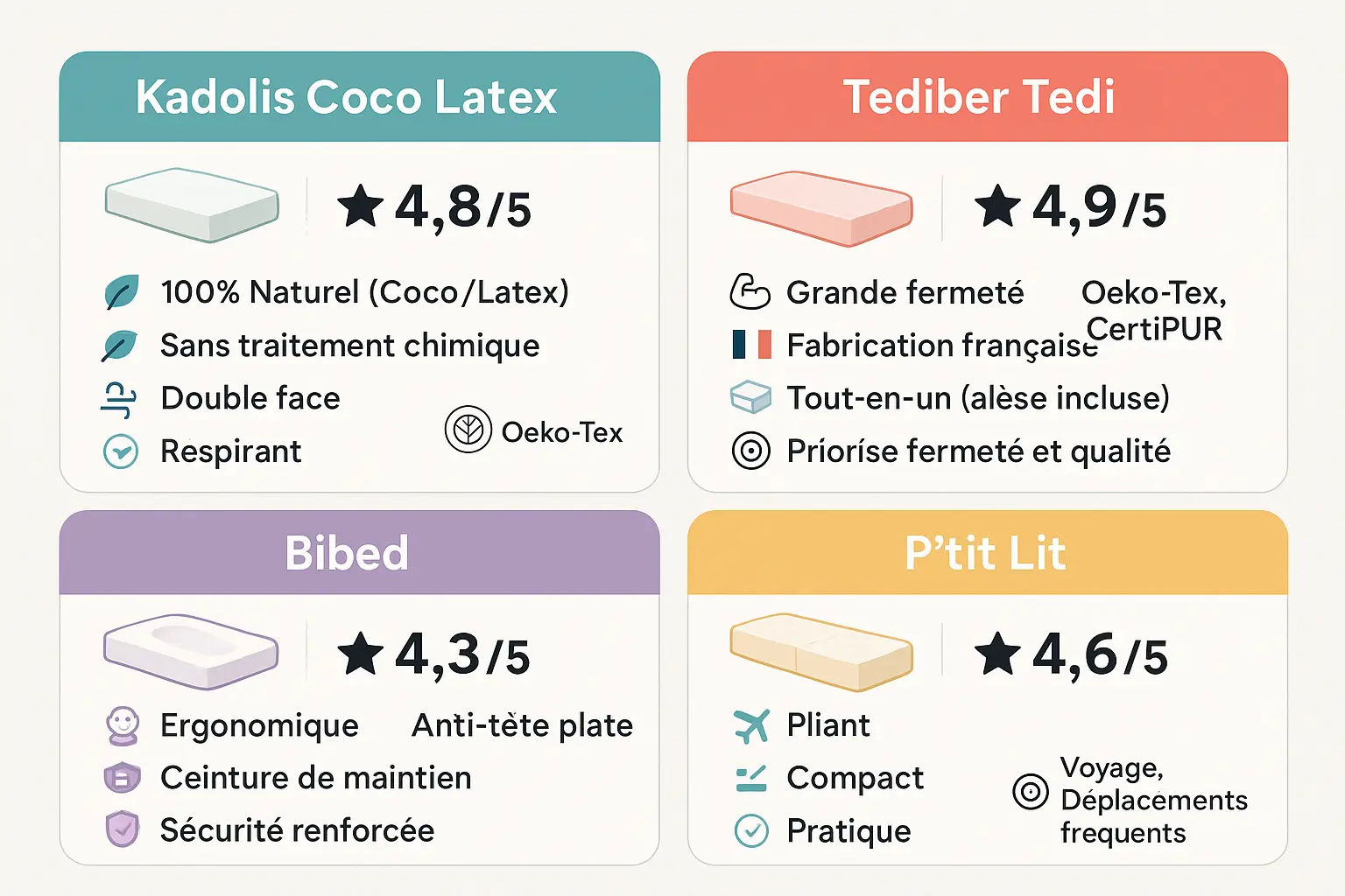 Comparatif matelas bébé Kadolis, Tediber, Bibed et P'tit Lit
