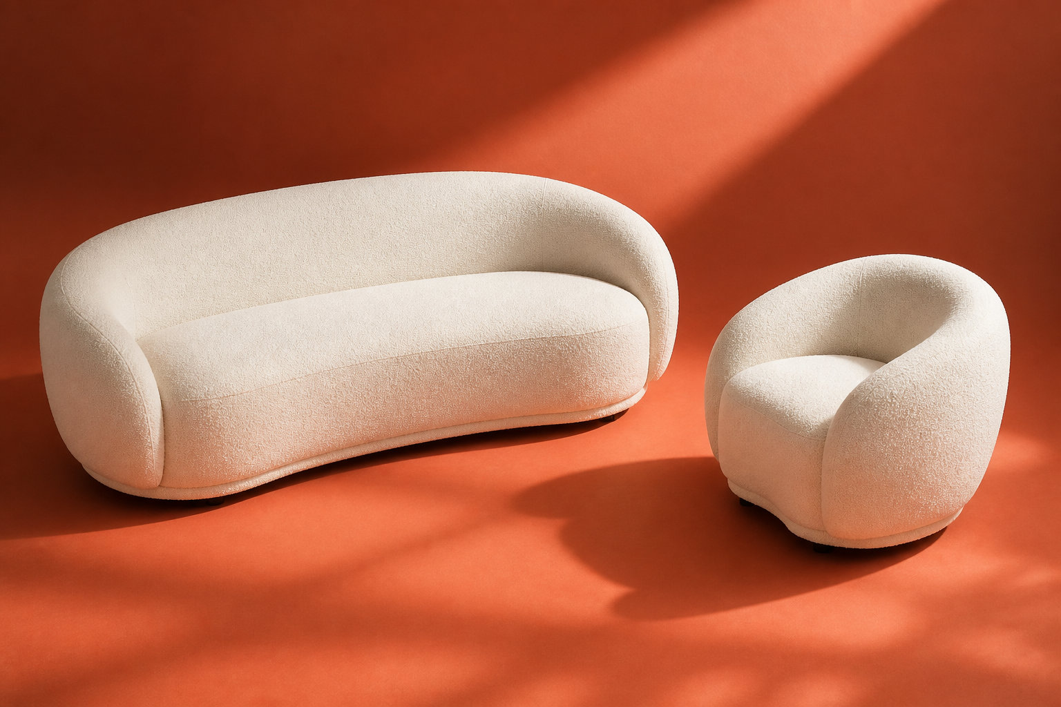 Ensemble Canapé Arrondi 3 Places Et Fauteuil Arrondi Blanc Ivoire - BOVANA