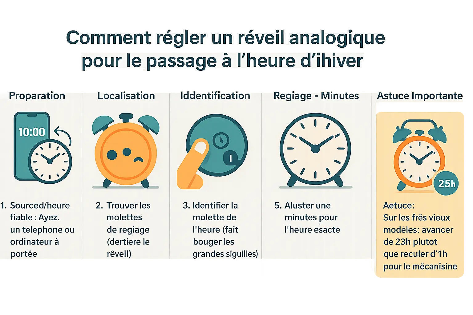 Schéma d'un <strong>réveil analogique avec repères pour le réglage de l'heure</strong>
