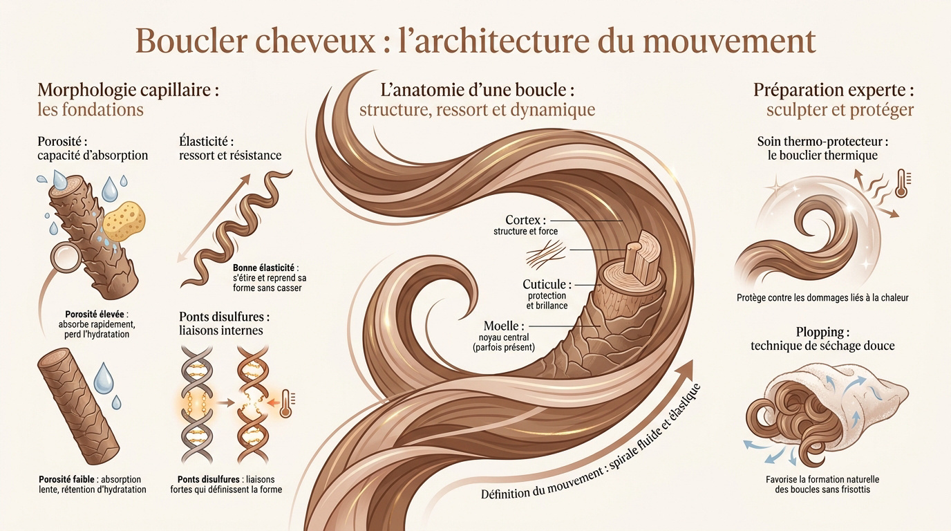 Détail d'une chevelure féminine aux boucles parfaitement définies et brillantes