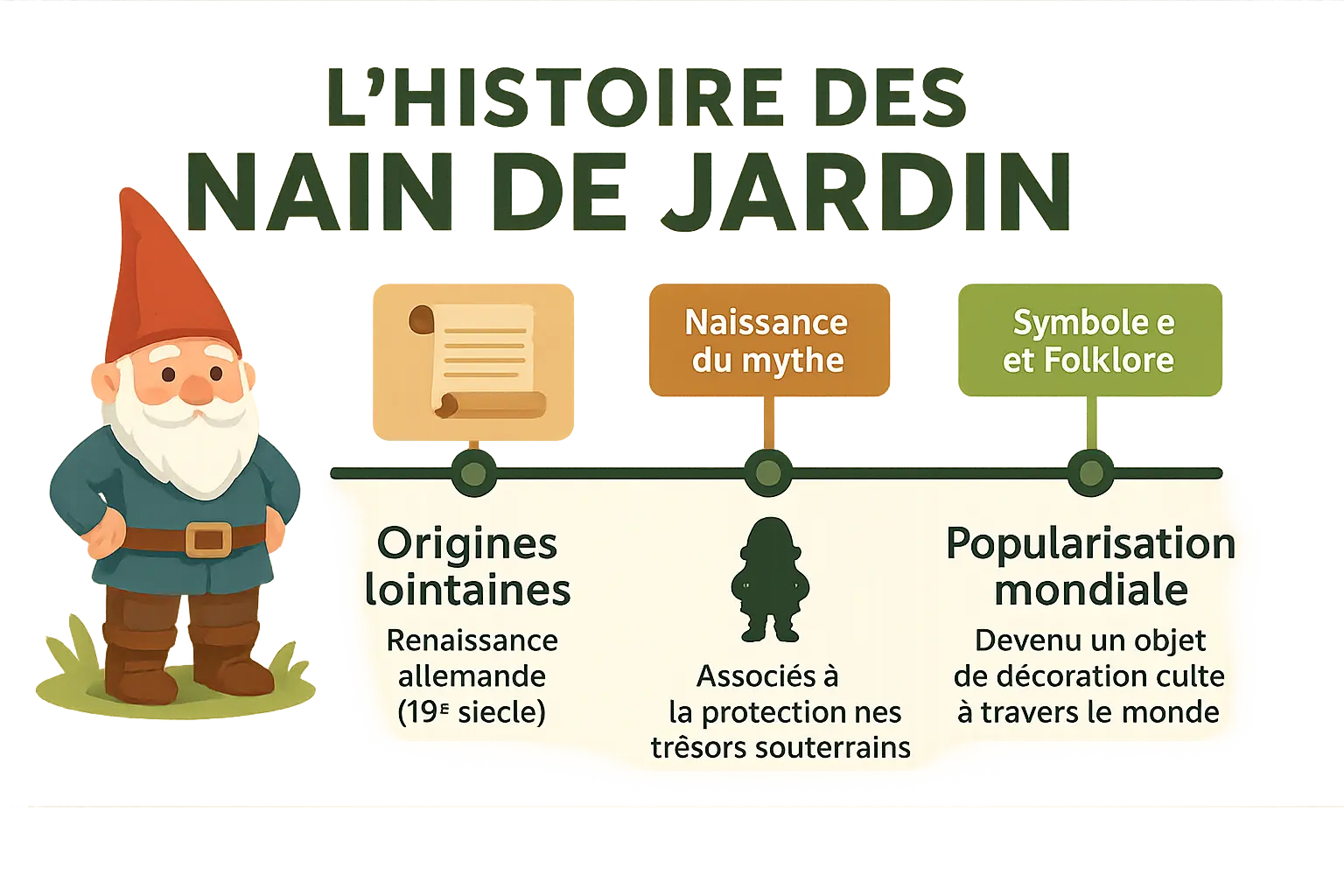 <strong></noscript>Histoire du nain de jardin</strong> » /></p>
<p>En arrosant mes géraniums, j’ai redécouvert le bonnet rouge de mon nain de jardin. Derrière son apparence mal aimée se cache <strong>une histoire millénaire, entre mythe et révolution industrielle</strong>…</p>
<p>Saviez-vous que ces statues naissent à la Renaissance, inspirées par les mineurs pygmées des Carpates ? Leur bonnet rouge, symbole de survie dans les galeries sombres, devient emblème protecteur. <em><strong>Une origine bien plus riche</strong> qu’un simple clin d’œil à Blanche-Neige</em>…</p>
<p>Leur histoire débute en Cappadoce au XVᵉ siècle, où ces gardiens en bois protégeaient les mines. Bernhard Fischer von Erlach les fixe en marbre à Salzbourg en 1690, marquant <strong>leur passage de talismans à décorations</strong>. Une métamorphose inattendue…</p>
<p>Folklore allemand et mythes nordiques s’entrelacent pour expliquer leur popularité. Du XVIIIᵉ siècle à leur production industrielle en Allemagne, <strong>ils deviennent <em>« compagnons des jardins »</em></strong> avant de traverser les époques…</p>
<p>Survivants des interdictions nazies et de leur banalisation en plastique, ces gardiens ressurgissent dans l’art. Leur résilience cache une lutte entre kitsch et liberté… Une histoire qui <strong>changera votre prochaine visite à la jardinerie</strong>.</p>
<h2 id=