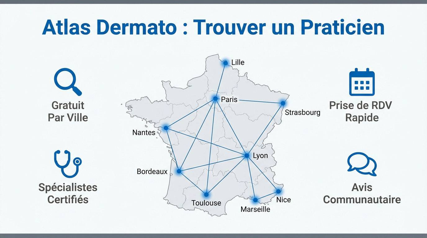 Recherche de dermatologue sur l'annuaire Atlas Dermato par ville et spécialité