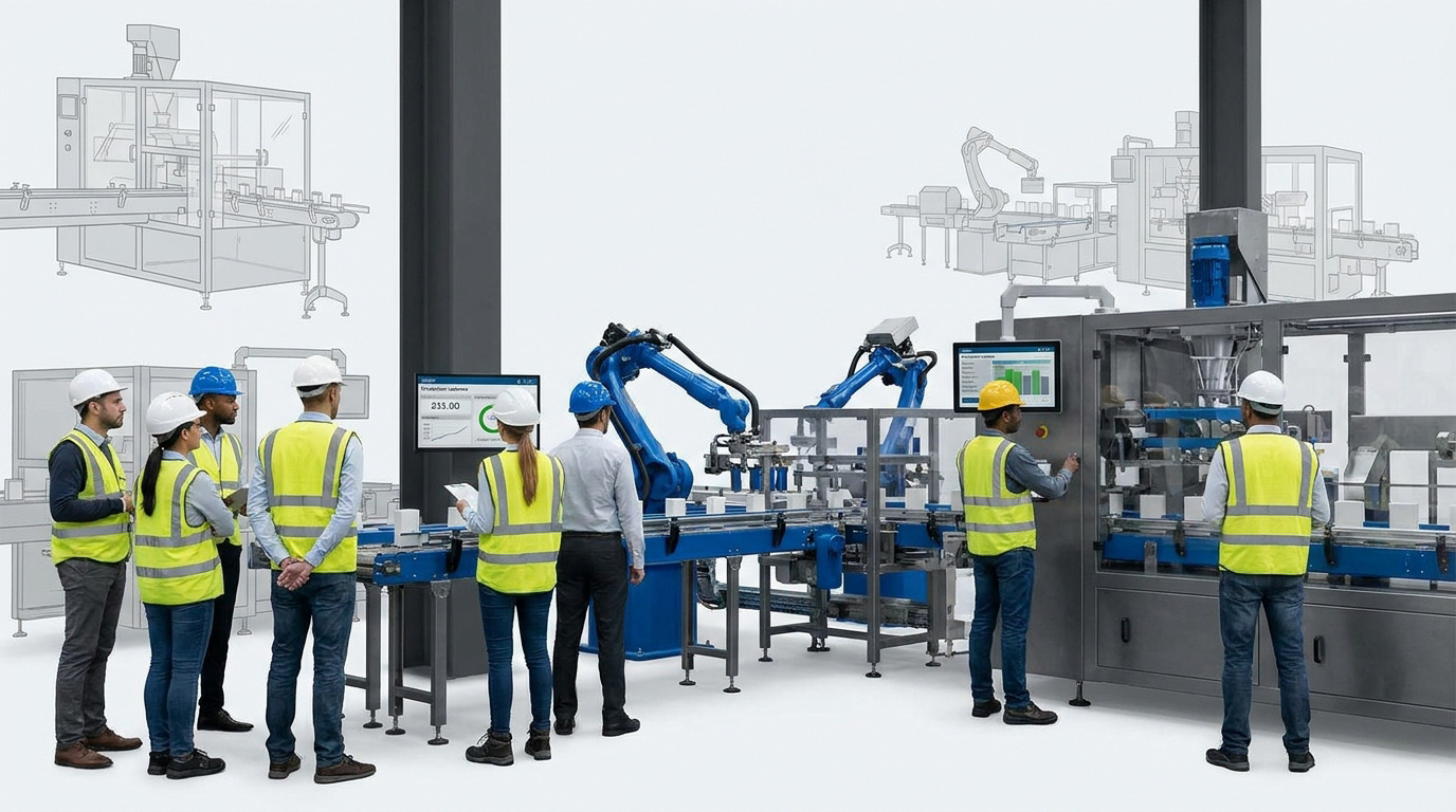 Ligne de production automatisée avec robots et opérateurs dans une usine moderne