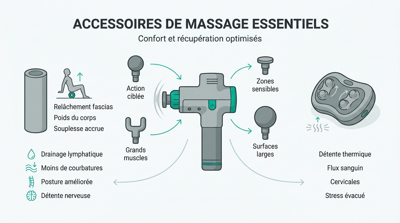 Ou acheter huile de massage ? Sélection d'accessoires de massage incluant pistolet, rouleau et huiles pour le bien-être