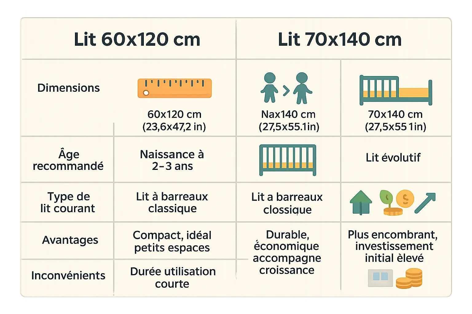 Comparaison visuelle des tailles de lits bébé 60x120 cm et 70x140 cm
