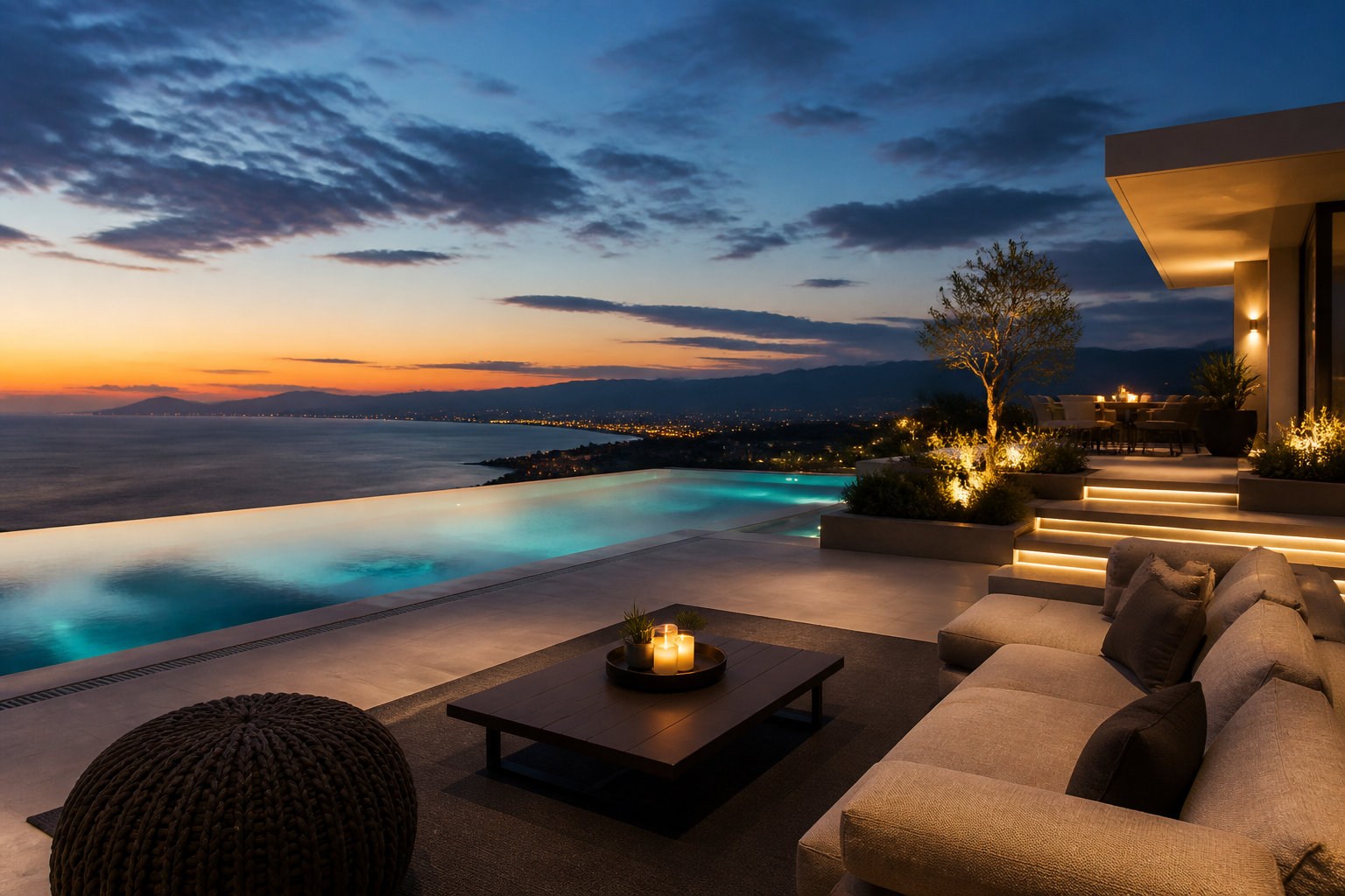 Piscine à débordement au crépuscule, terrasse éclairée et vue dégagée