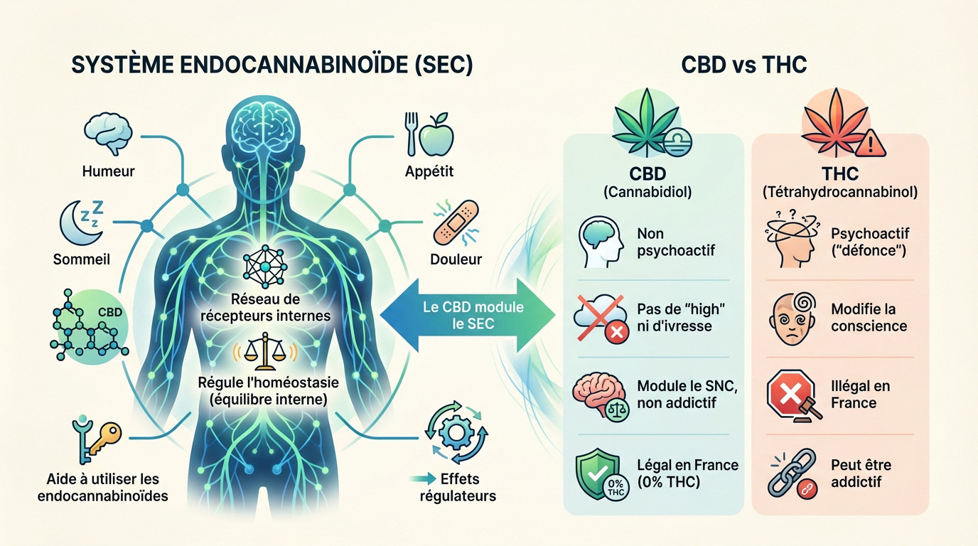 Schéma explicatif du système endocannabinoïde et différence moléculaire entre CBD et THC