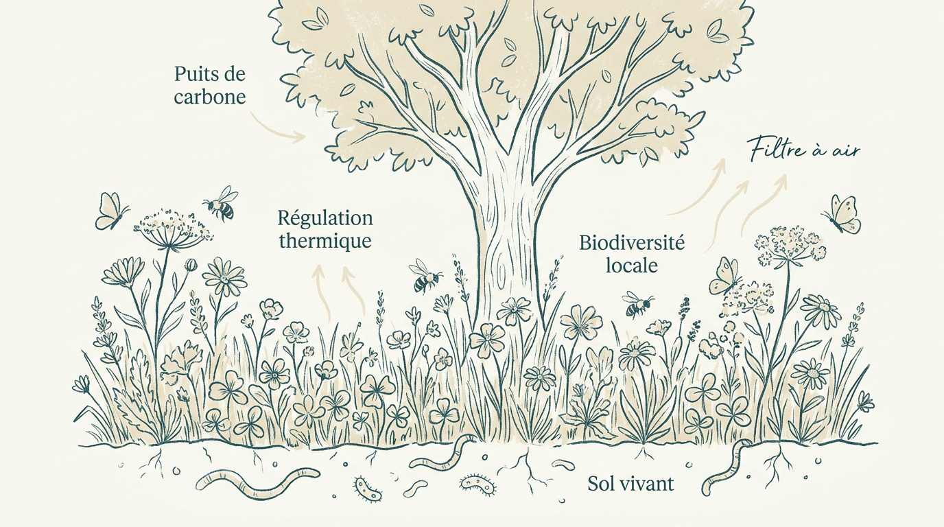Écosystème d'une pelouse luxuriante favorisant la biodiversité