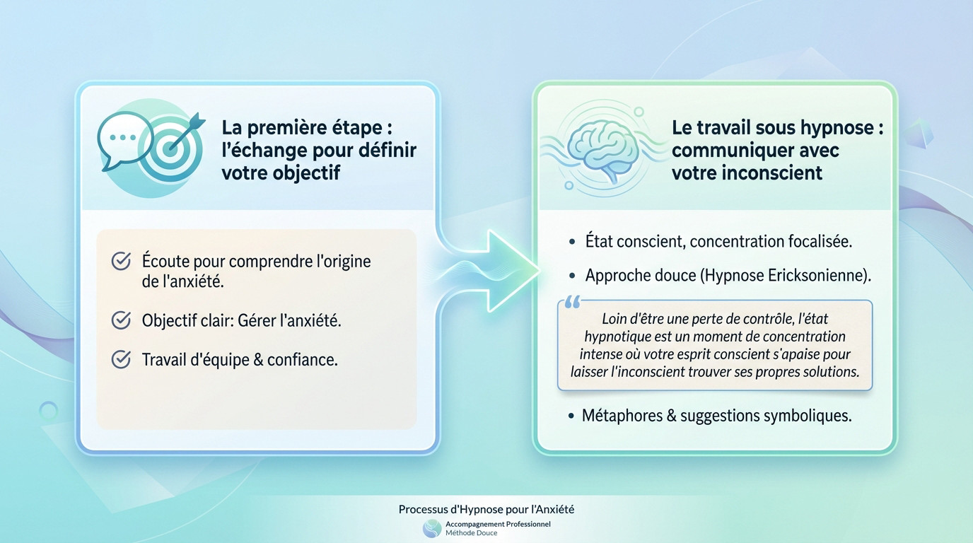 Schéma des étapes clés d'une séance d'hypnose pour gérer l'anxiété à Annecy
