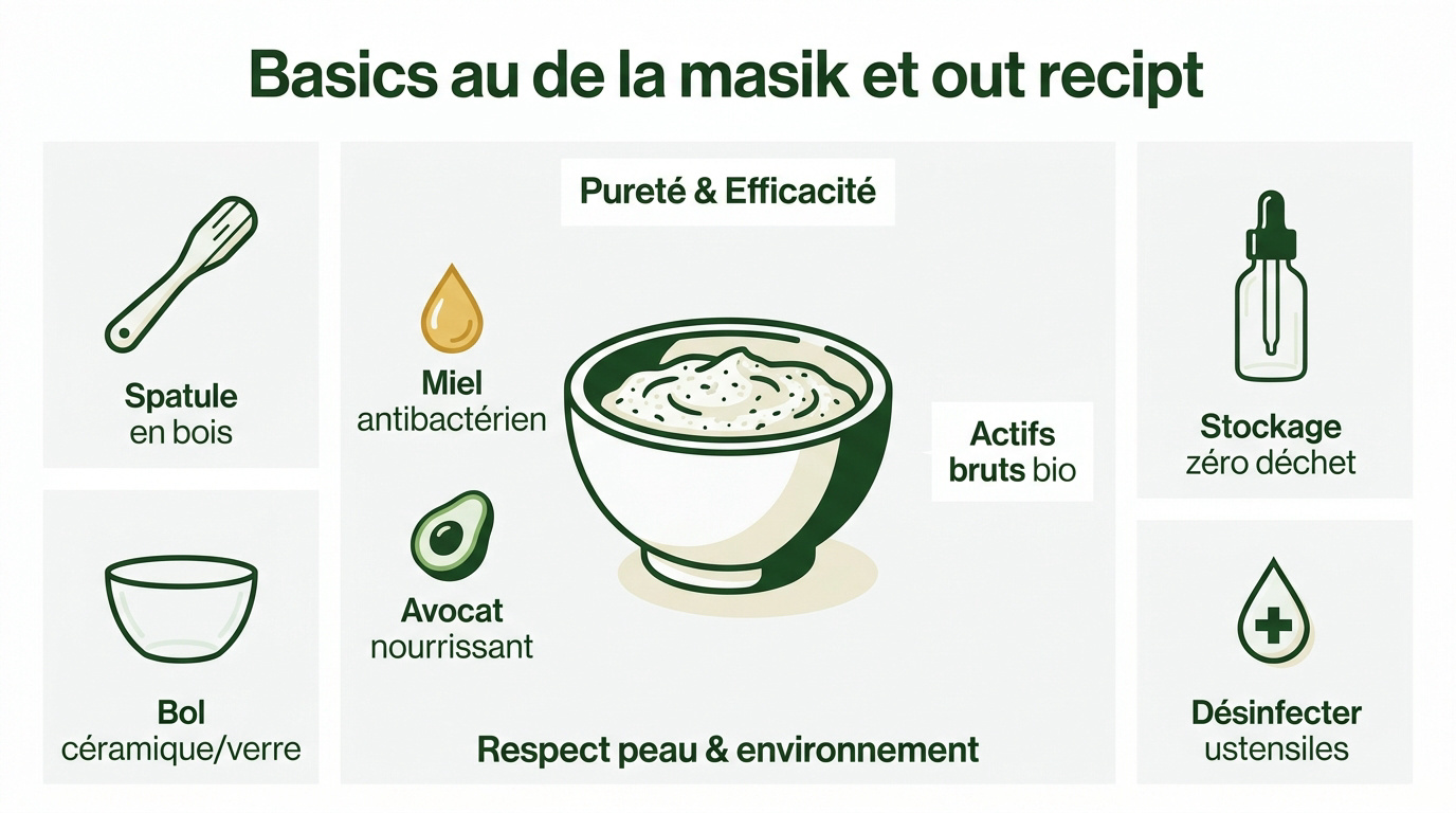 Ustensiles en bois et ingrédients bio pour masque visage