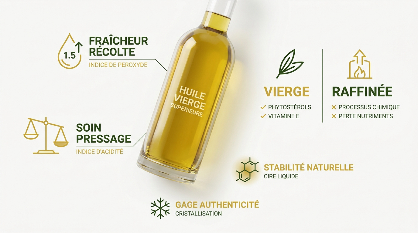 Infographie expliquant les critères de pureté et de qualité d'une huile de jojoba vierge