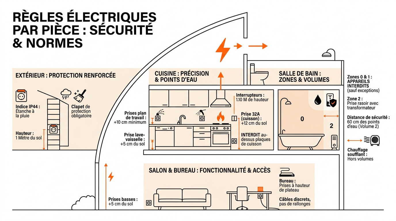 Schéma des volumes de sécurité électrique et hauteurs d'appareillage dans une salle de bain conforme NF C 15-100