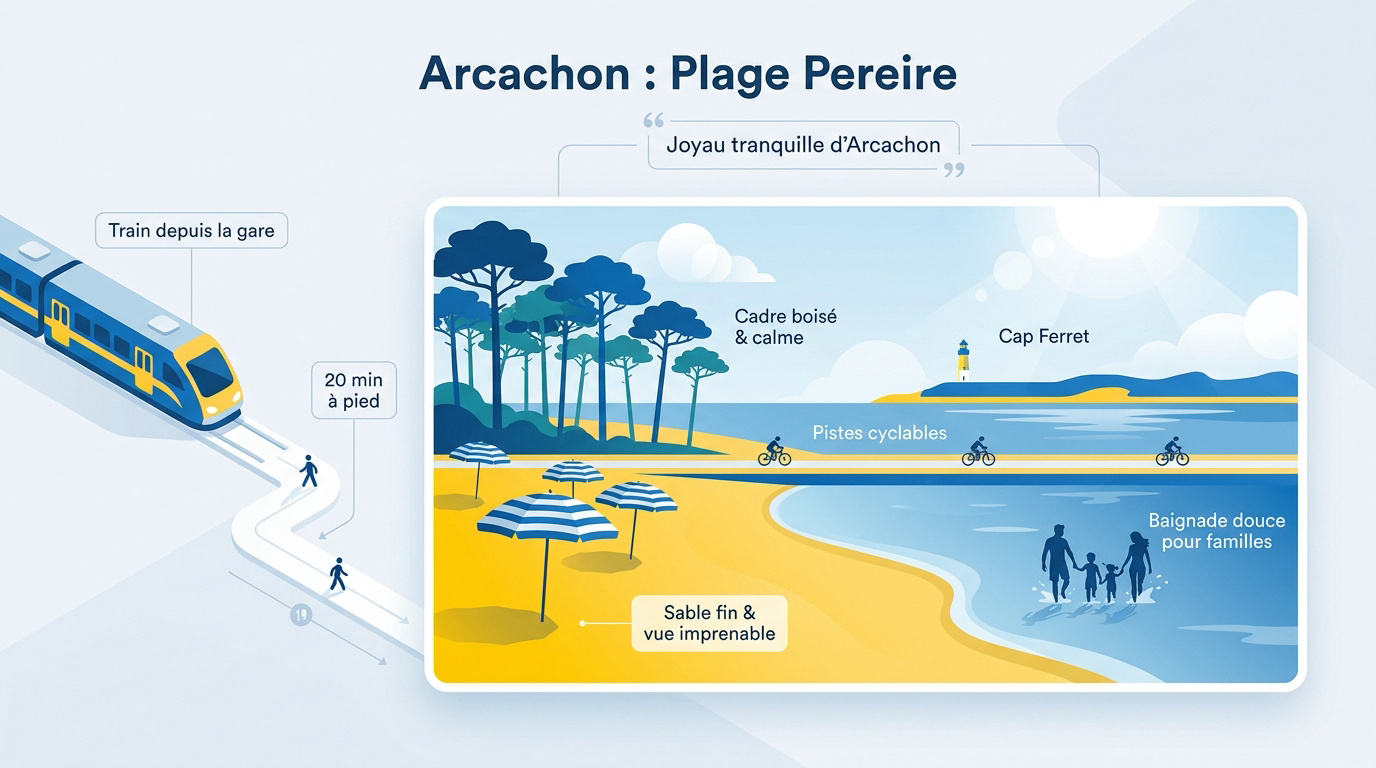 Vue panoramique de la plage Pereire à Arcachon avec ses pins maritimes et son sable fin