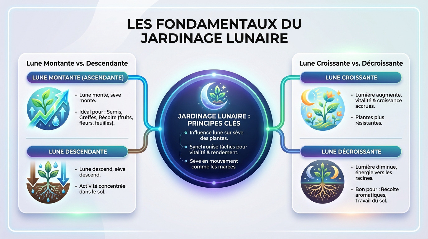 Illustration des phases de la lune pour le jardinage : lune montante, descendante, croissante et décroissante