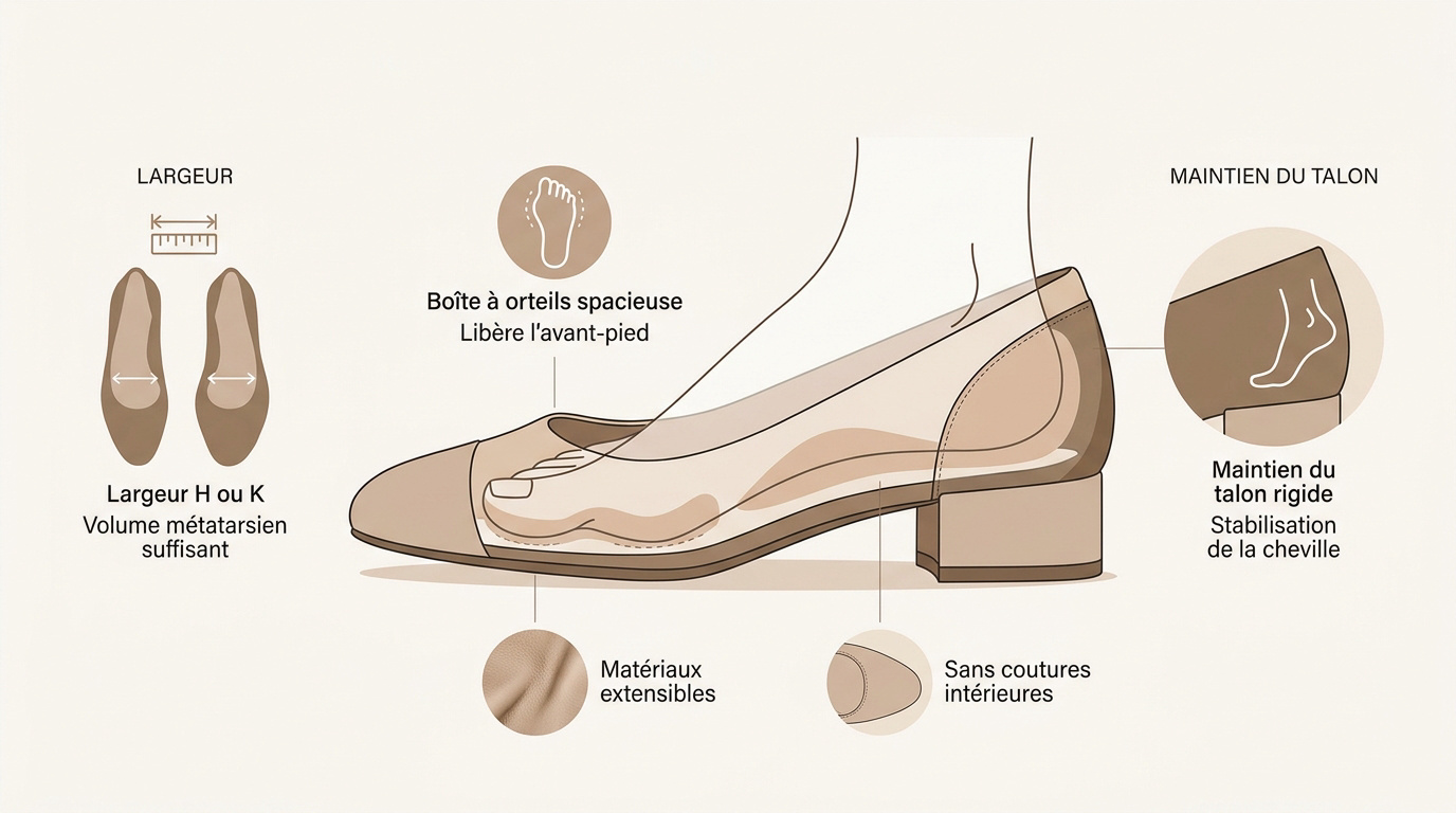 Schéma technique de l'espace intérieur d'une chaussure adaptée à l'hallux valgus