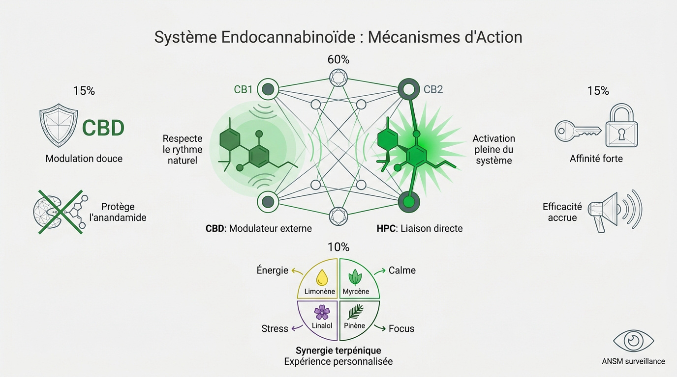 Schéma des récepteurs du système endocannabinoïde et interaction des cannabinoïdes