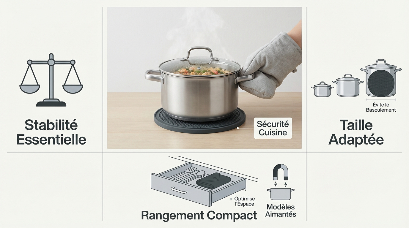Dessous de plat stable, pliable et ergonomique, conçu pour optimiser le rangement dans les tiroirs de la cuisine