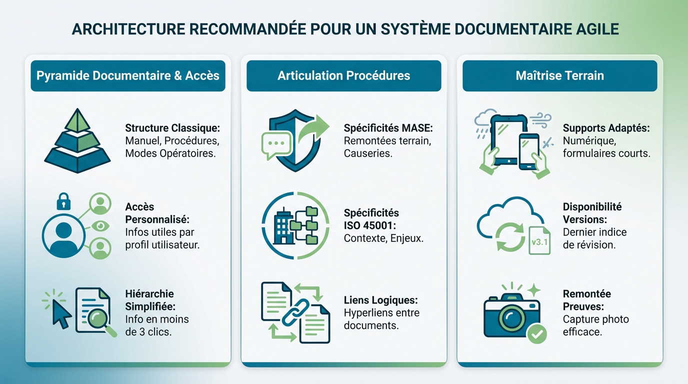 Schéma d'une architecture documentaire agile pour la double certification MASE et ISO 45001