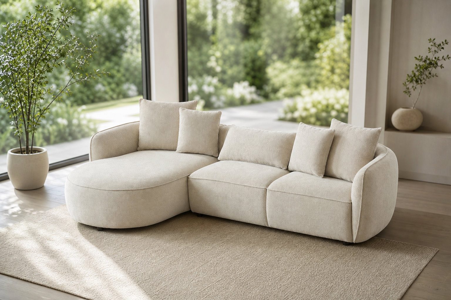 Canapé arrondi d'angle gauche en tissu chenille beige - DOKALO