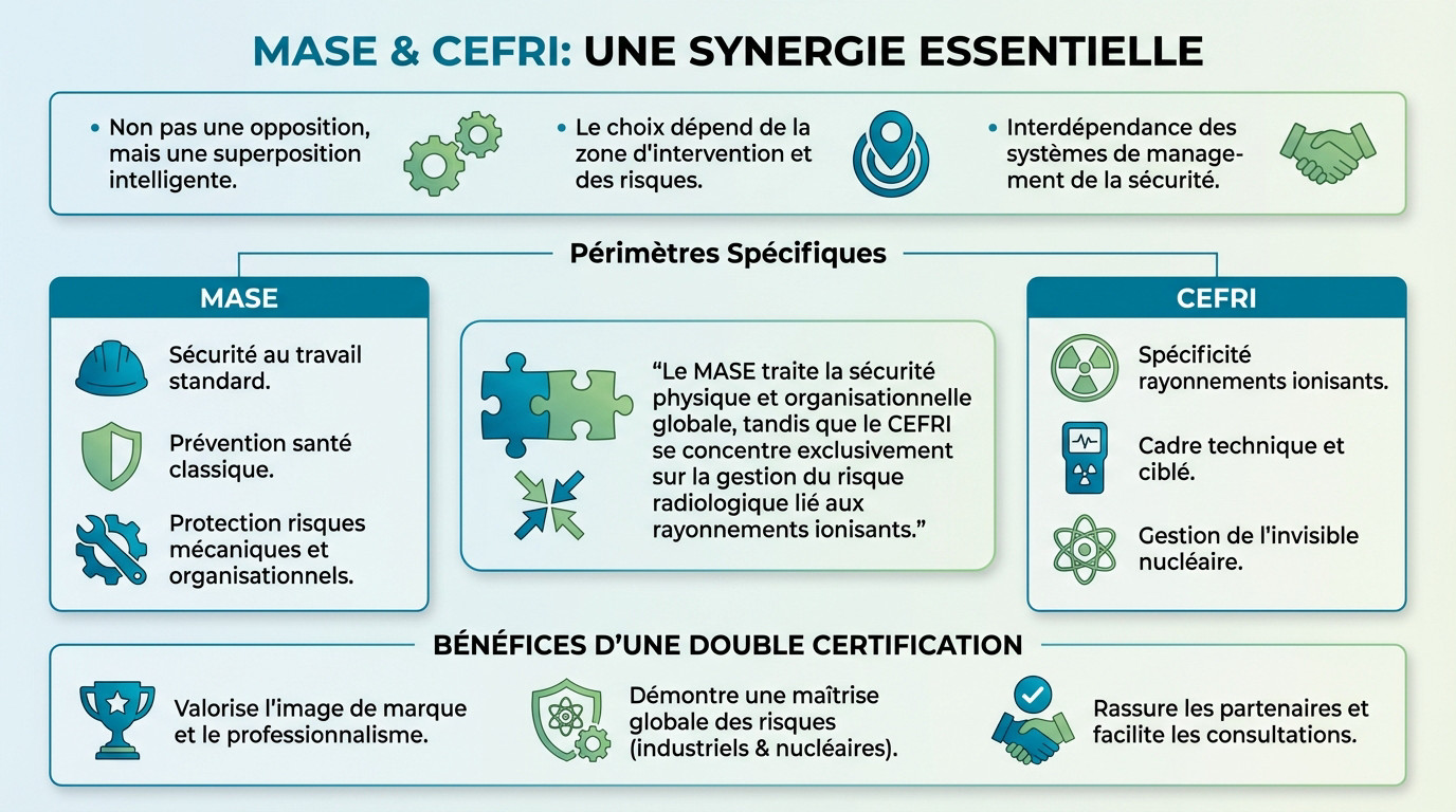 Techniciens équipés sur site nucléaire illustrant la complémentarité des certifications MASE et CEFRI