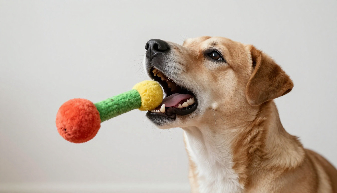 Chien jouant avec un jouet coloré, déclencheur naturel d'aboiement pour l'apprentissage sur commande
