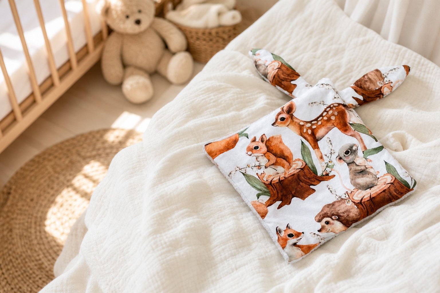 Doudou Plat avec oreilles en tissu forest, écureuil et faon