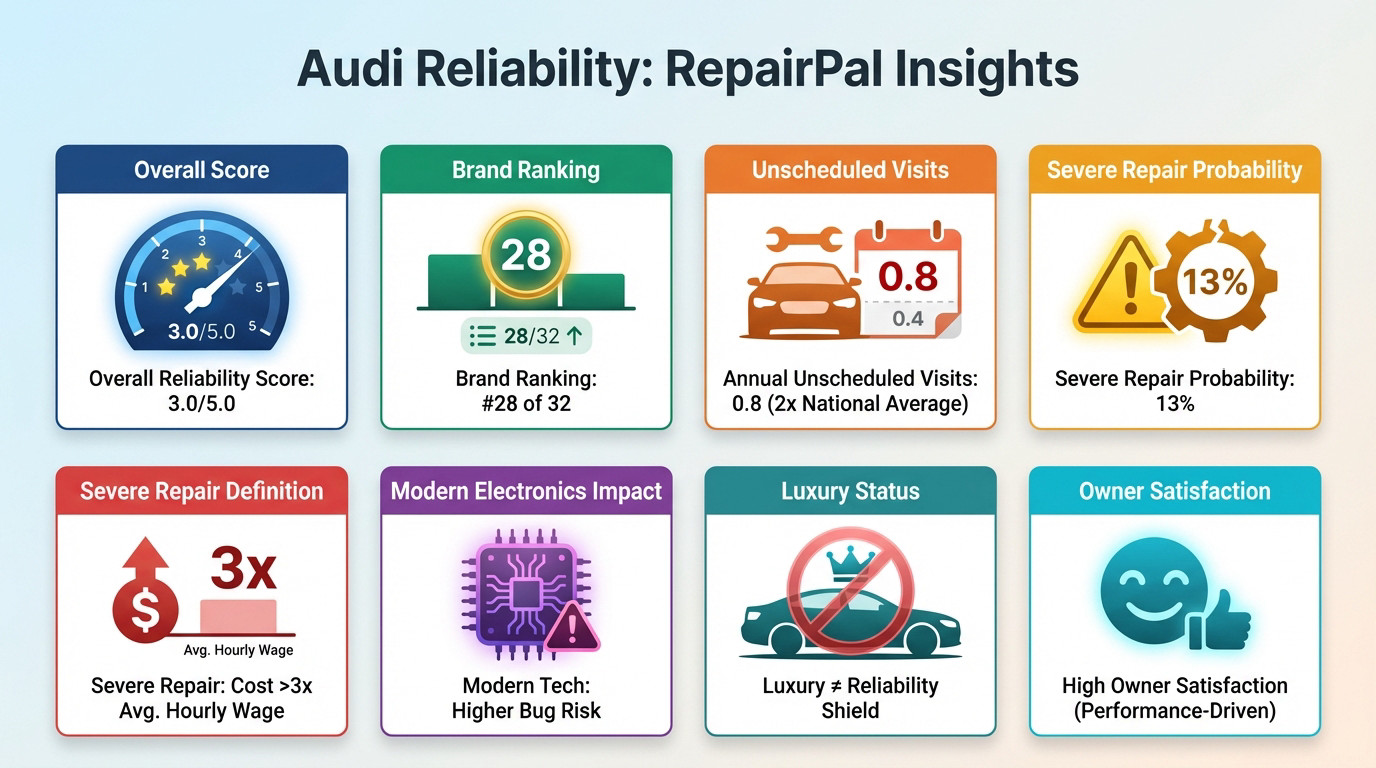 Audi reliability rating chart showing 3.0 out of 5.0 score and repair costs