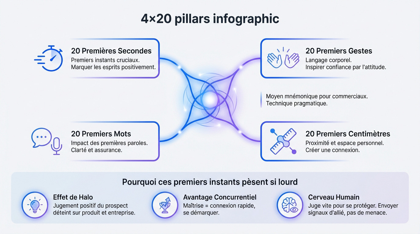 Infographie illustrant les 4 piliers de la règle des 4x20 pour une première impression réussie en vente