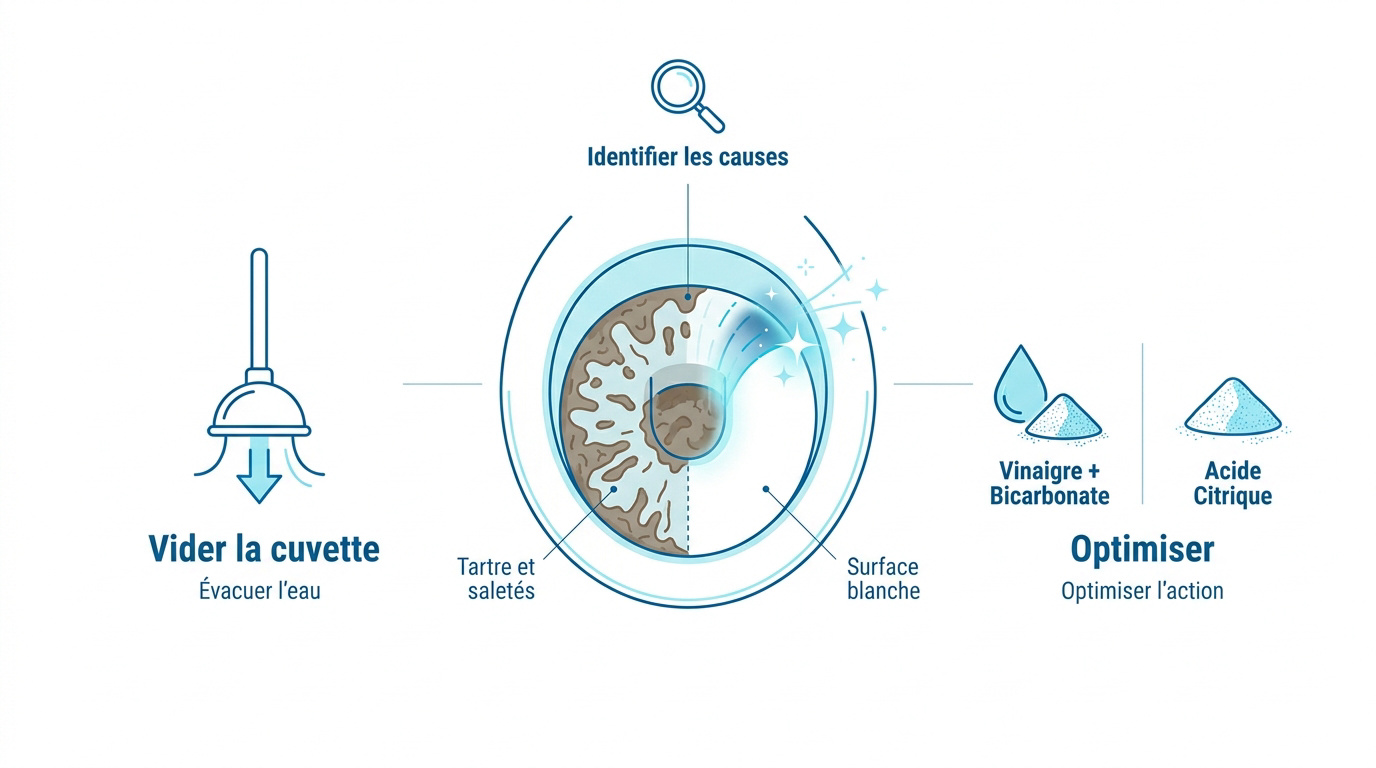 Étapes de nettoyage d'une cuvette de toilettes