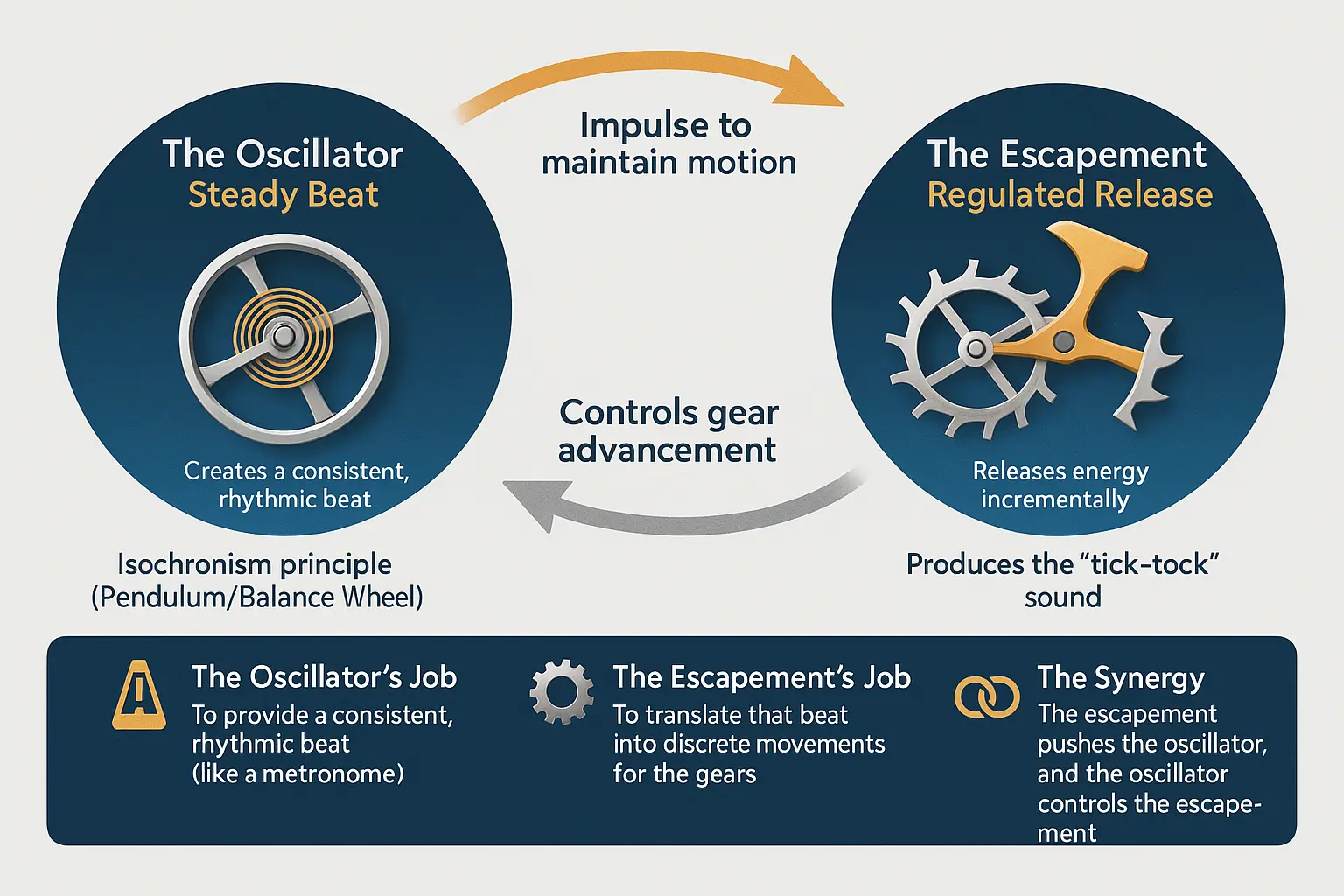 Mechanical clock oscillator and escapement synergy in action