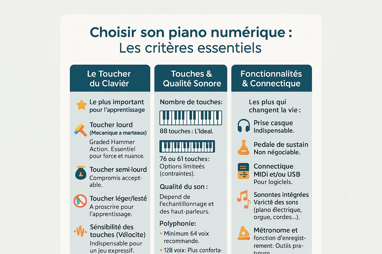 Schéma d'un clavier de piano numérique avec touches lestées et connectique