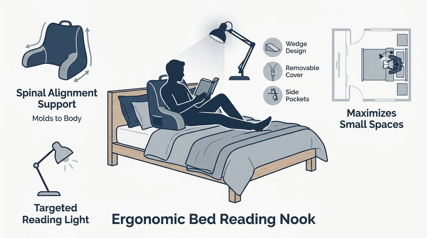 Ergonomic reading pillow with armrests placed on a bed in a small bedroom nook