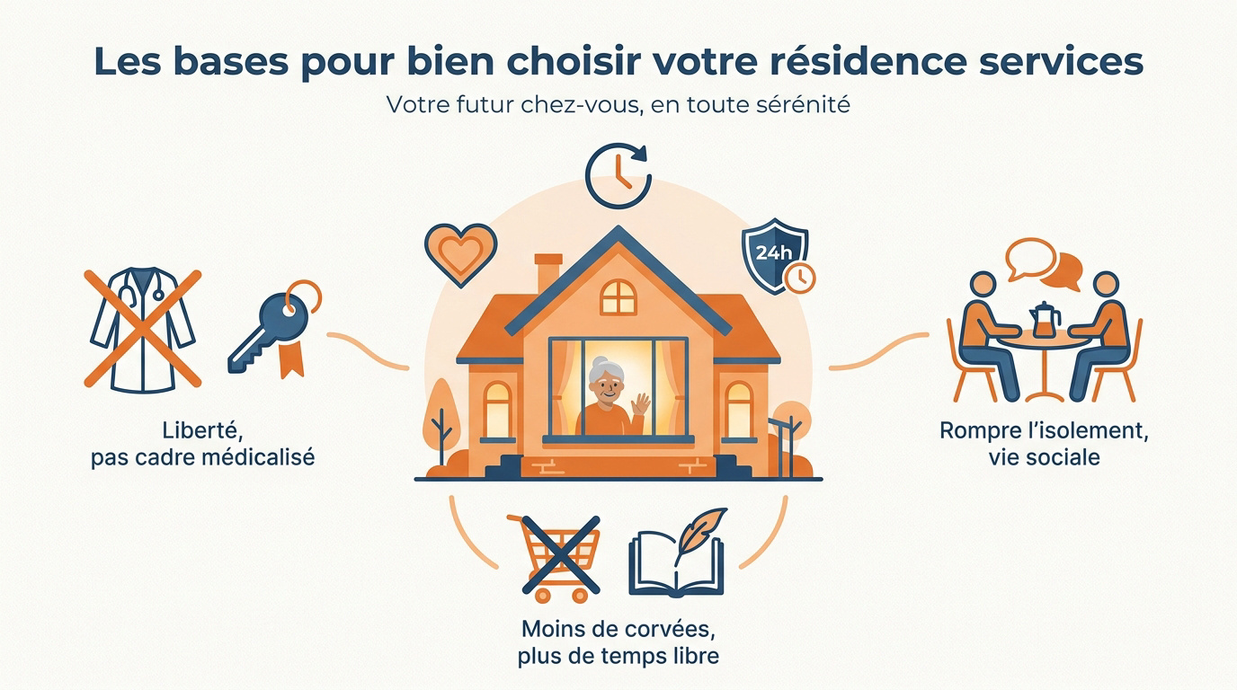 Seniors souriants discutant dans le salon d'une résidence services moderne
