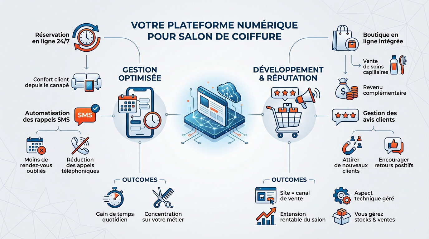 Interface de gestion numérique pour salon de coiffure avec réservation et vente en ligne