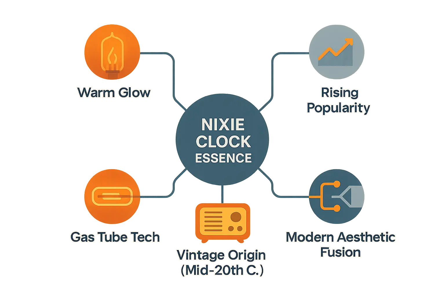 Infographic showing the essence of Nixie clocks with their glass tubes and warm glow