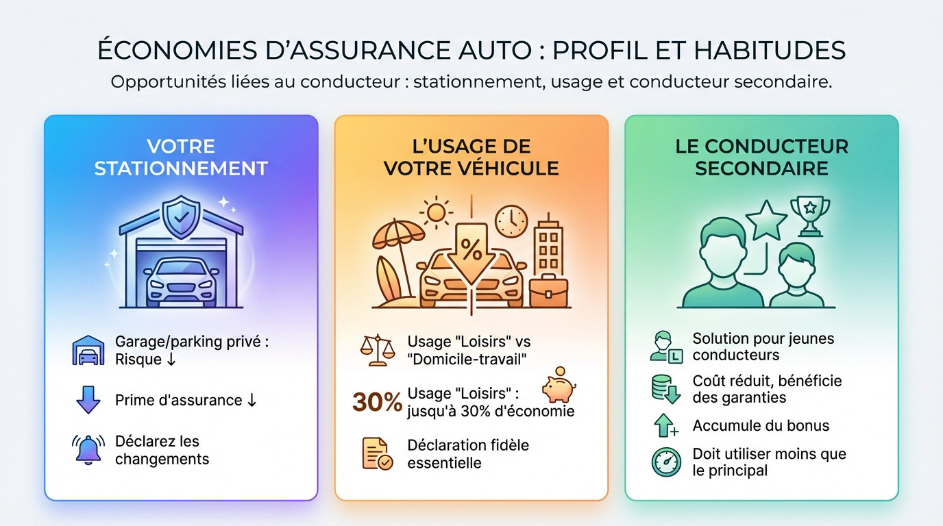 Automobiliste réfléchissant aux économies sur son assurance auto en fonction de son profil et de ses habitudes de stationnement