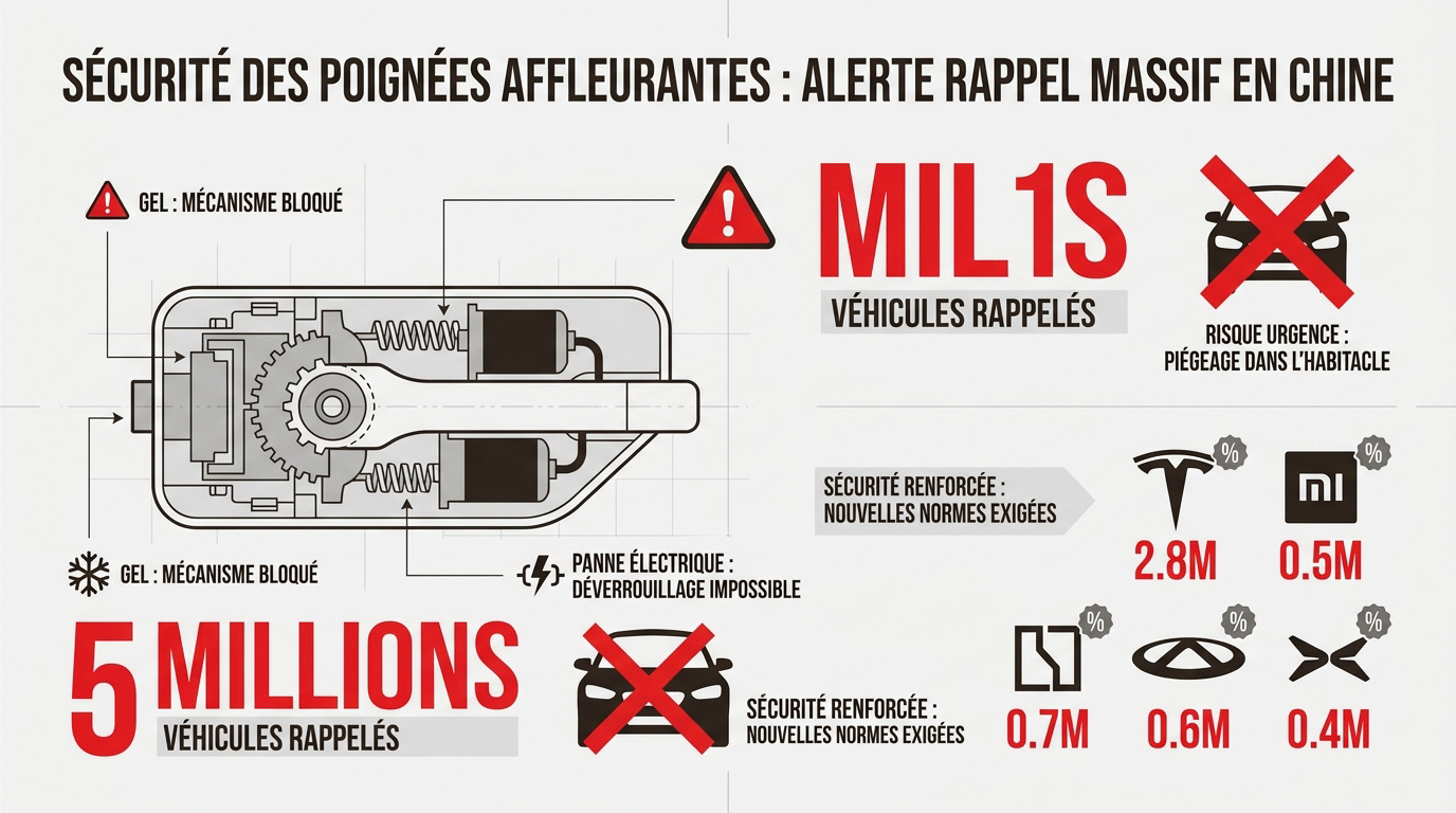 Rappel poignées affleurantes en Chine : la sécurité en 2027 1 Véhicules électriques alignés illustrant le rappel massif en Chine pour défaut de poignées de porte