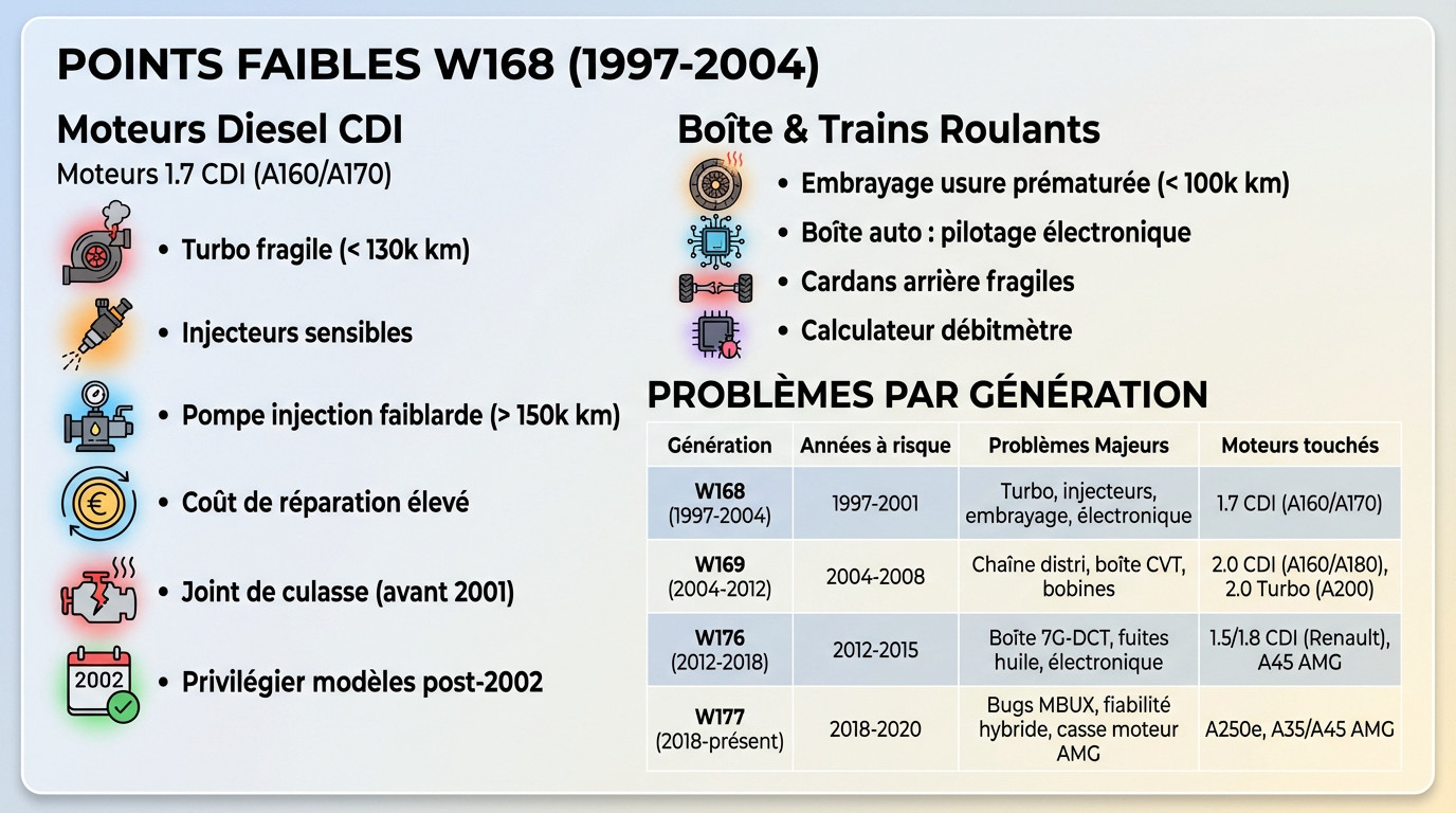 Fiabilité Mercedes Classe A W168 et comparaison des pannes fréquentes par génération