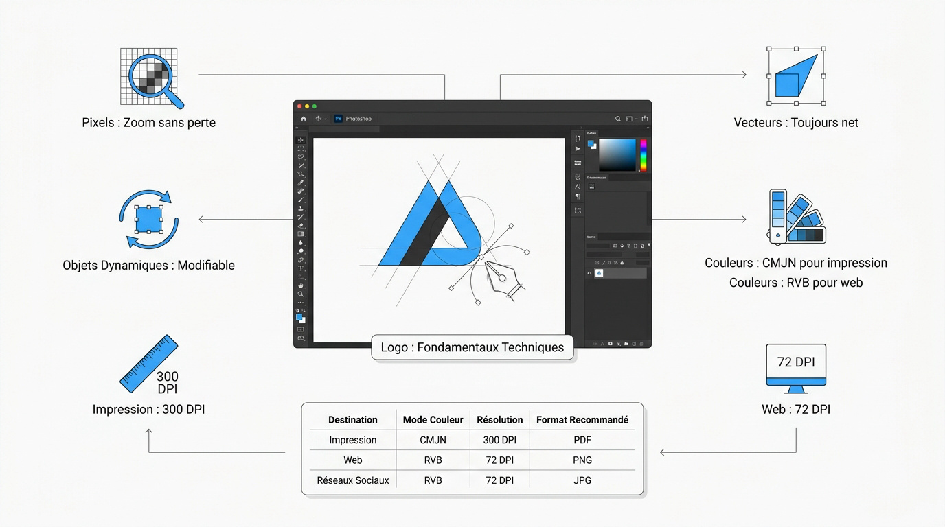 Configuration d'un document Photoshop pour logo avec paramètres de résolution.