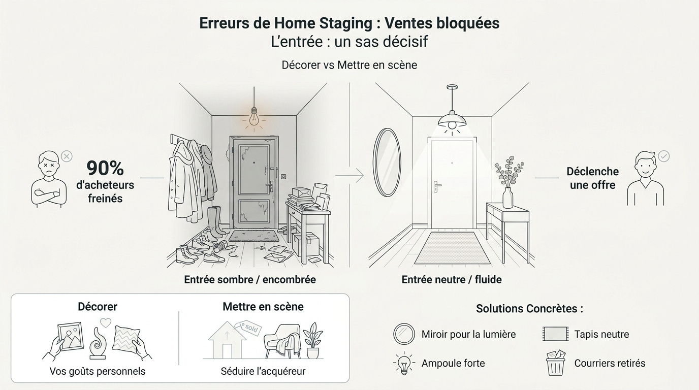 Entrée de maison épurée et lumineuse pour un home staging réussi