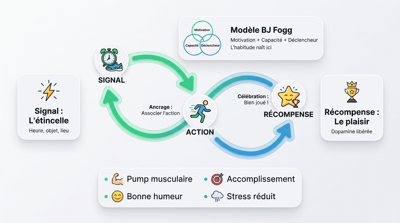Infographie expliquant la boucle de l'habitude : signal, action et récompense