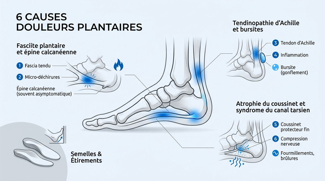 Illustration des différentes pathologies causant une douleur au talon comme la fasciite ou l'épine calcanéenne