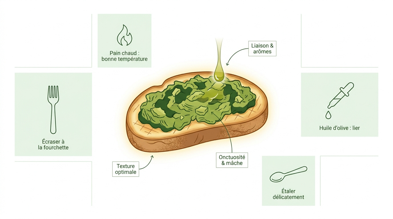 Préparation d'un avocado toast avec tranches de pain grillées et avocat écrasé