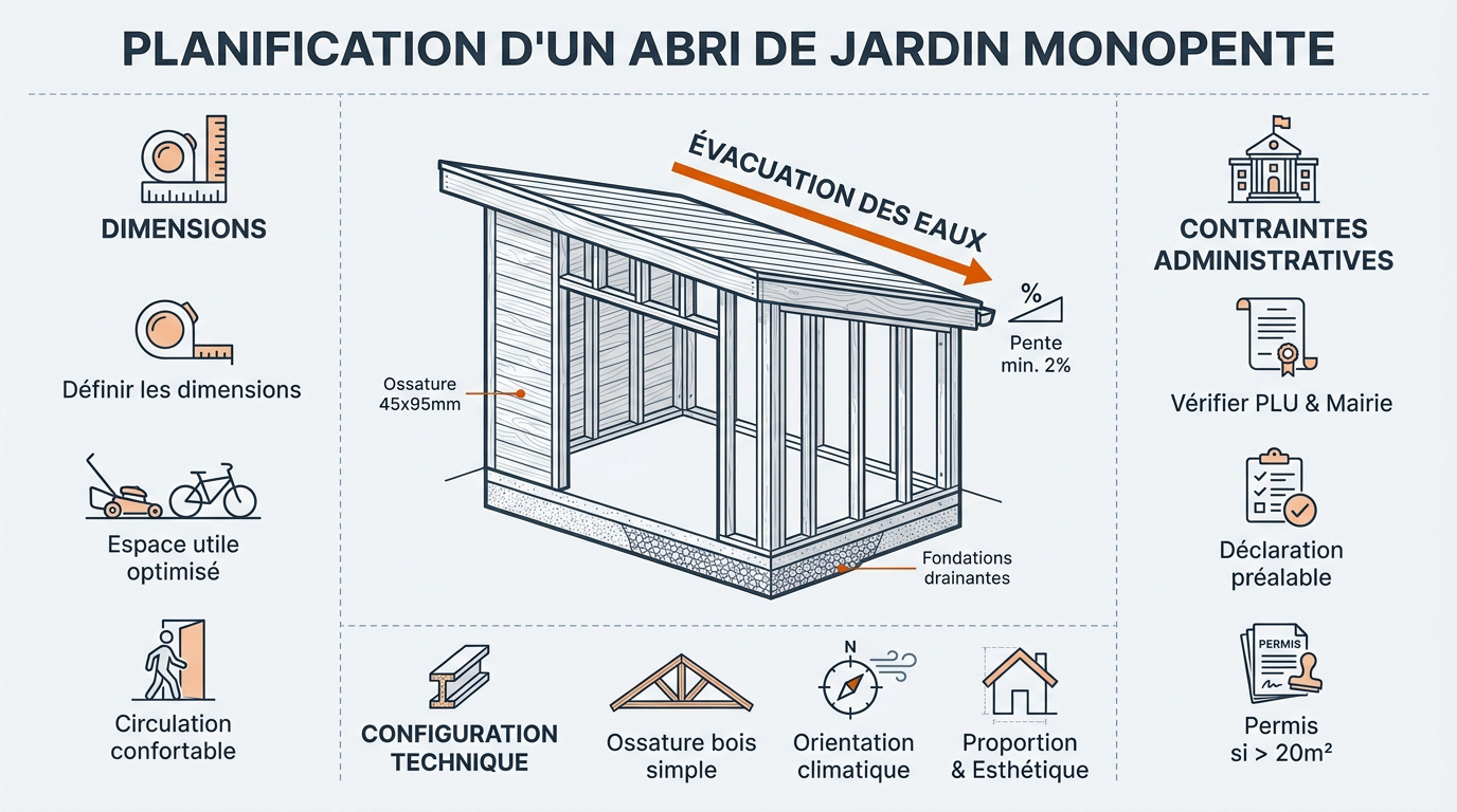 Schéma technique d'un abri de jardin monopente en bois