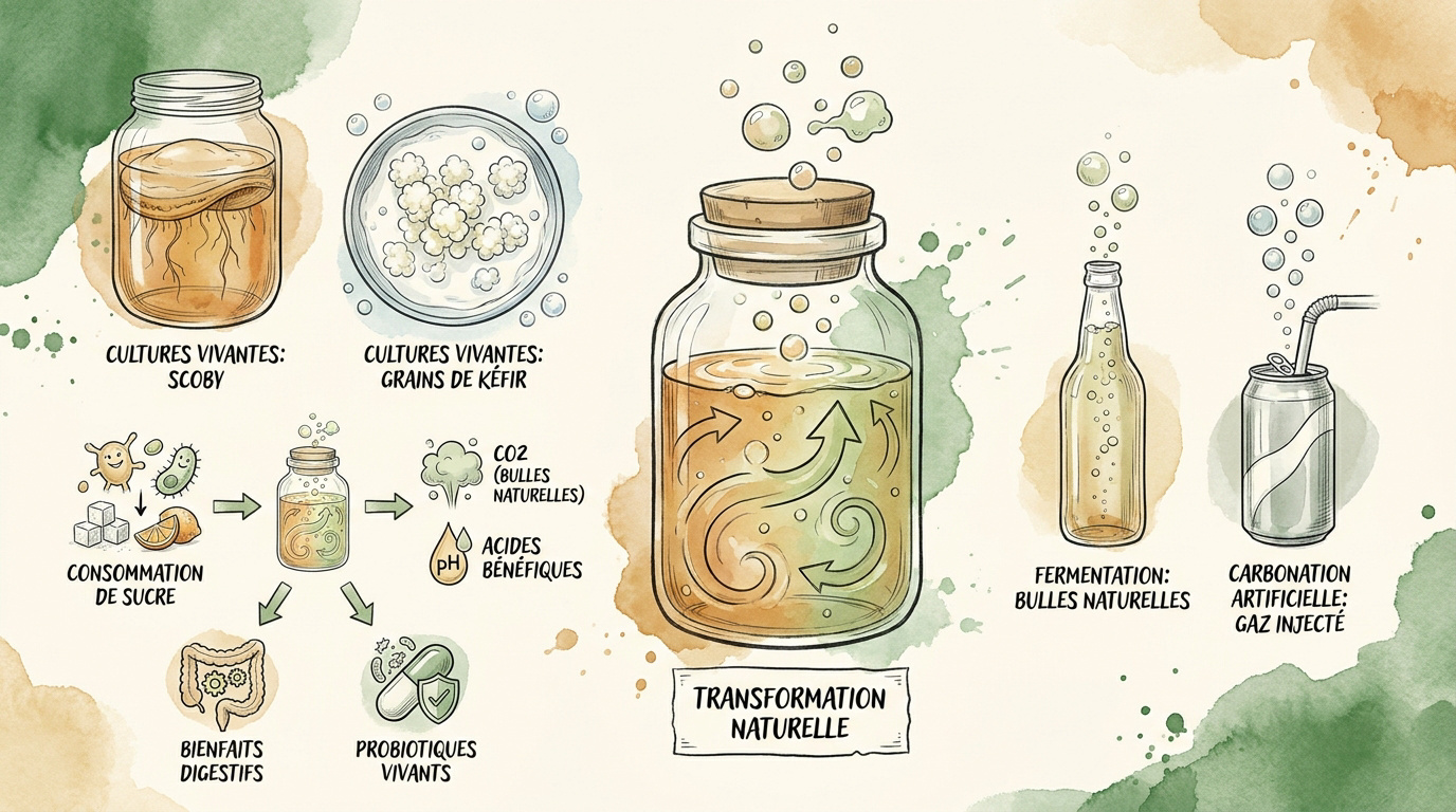 Infographie expliquant les types et les bienfaits des boissons fermentées comme le kombucha et le kéfir