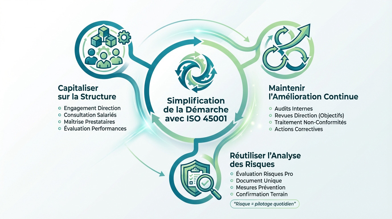 Schéma illustrant la simplification de la démarche MASE grâce aux acquis de la norme ISO 45001