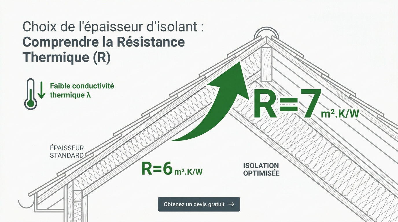 Schéma explicatif de la résistance thermique et de l'épaisseur d'isolant pour combles