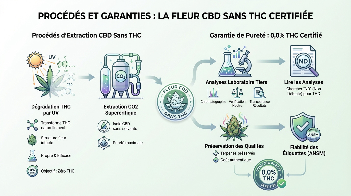 Processus technique de dégradation du THC et analyses chromatographiques pour le CBD 0.0%