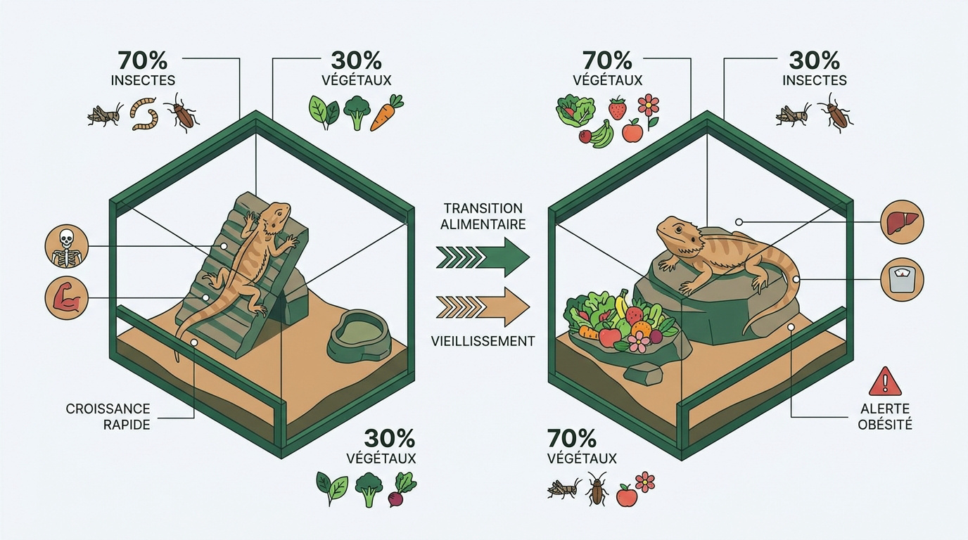 Schéma comparatif du régime alimentaire du pogona juvénile et adulte